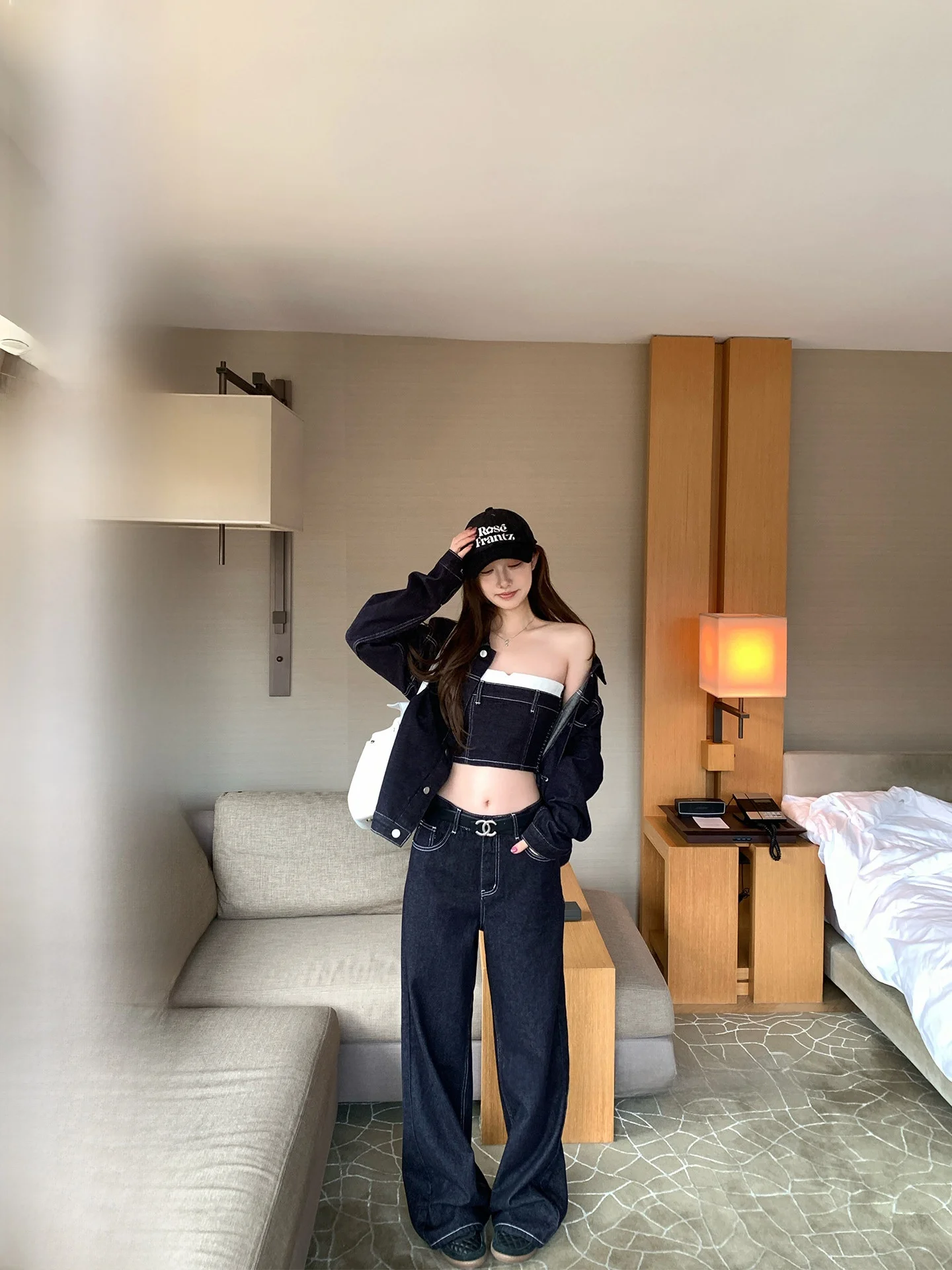 

Original Color Denim Jaet And Tube Top Set Women's Loose Fit ort Outerwear Simple Sle Long Sve Button Closure Pure C...