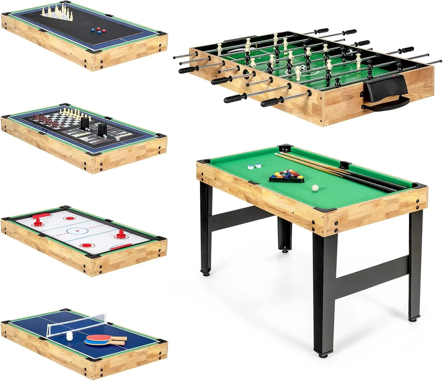 

Multi Game Table, 10 in 1 Combo Game Table w/Foosball Table, Air Hockey, Pool Table, Ping Pong, Shuffleboard, Bowling & 4 Board