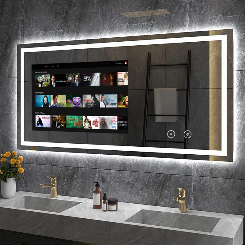 Hotel Touch Screen Wall Decorative Mirror Bathroom Vanity Bath Mirror Rectangle Led Lighted Makeup Backlit Smart Mirror Android