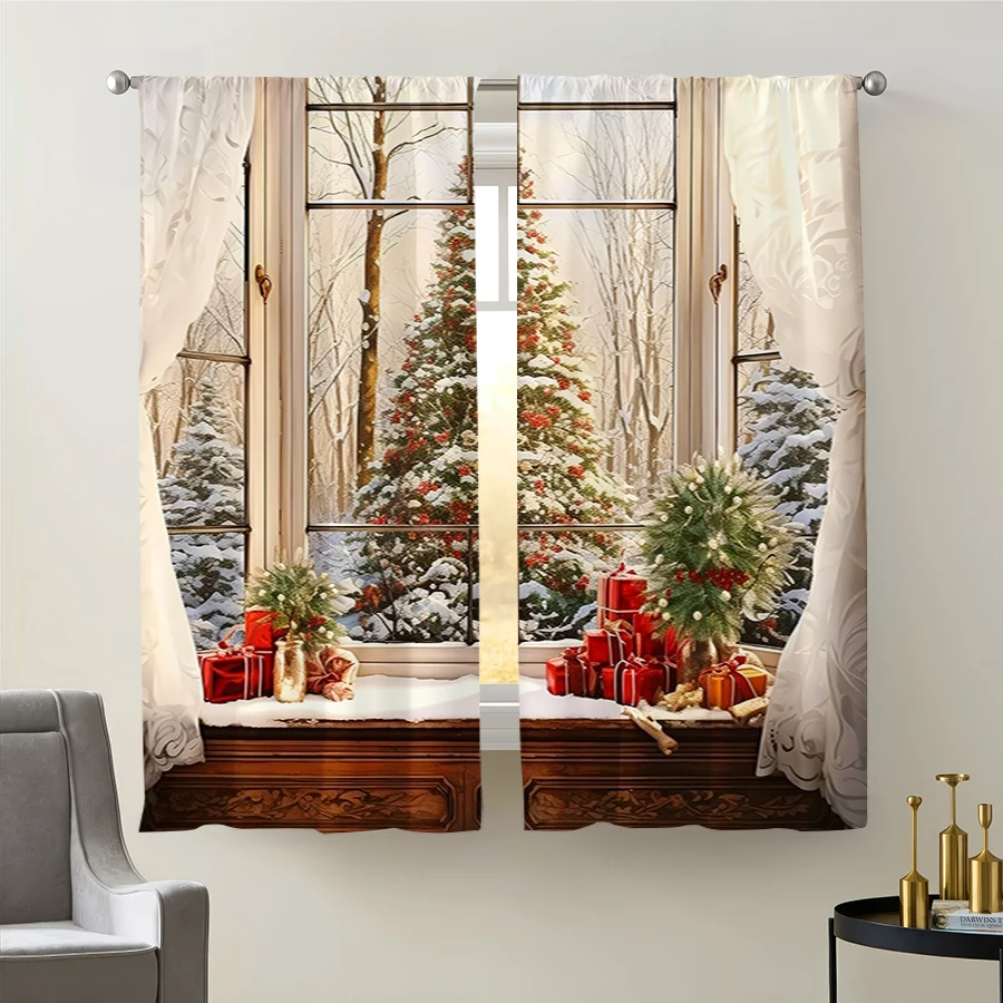 2PCS Christmas Winter Curtains, Window Snowy Christmas Tree Gift, Digital Print, Bedroom Living Room, Home Decor Window Drapes
