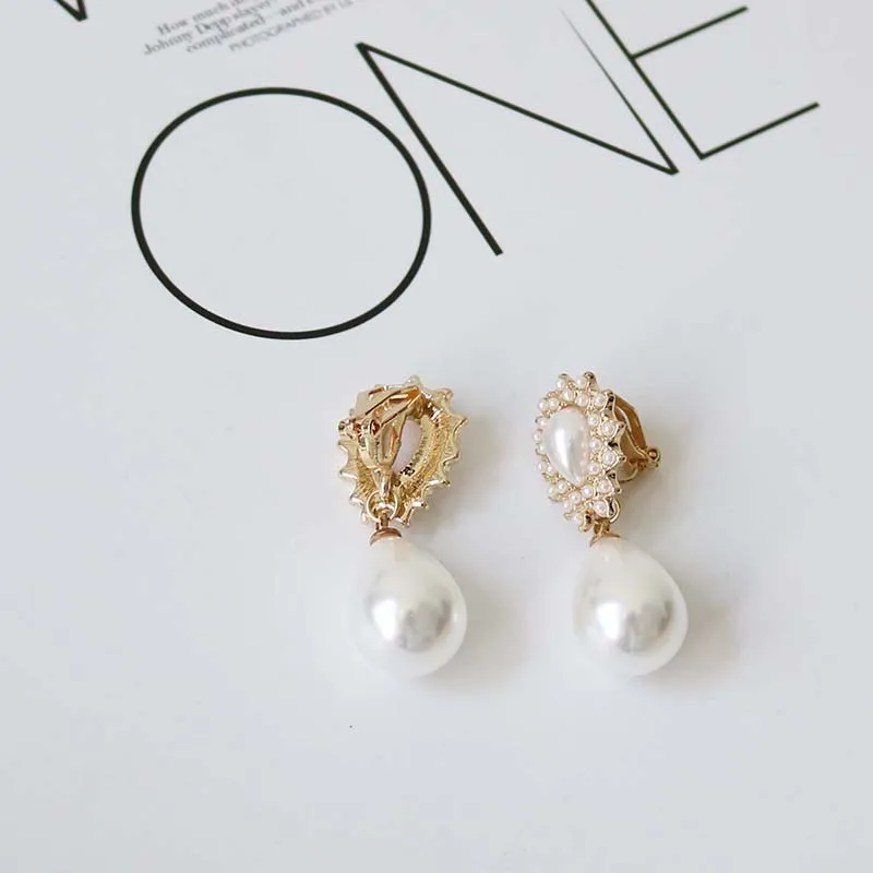 High Quality TrendyWhite Water Drop Imitation Pearl Clip on Earrings for Female Elegant Non Pierced Fashion Clip Ear Jewelry