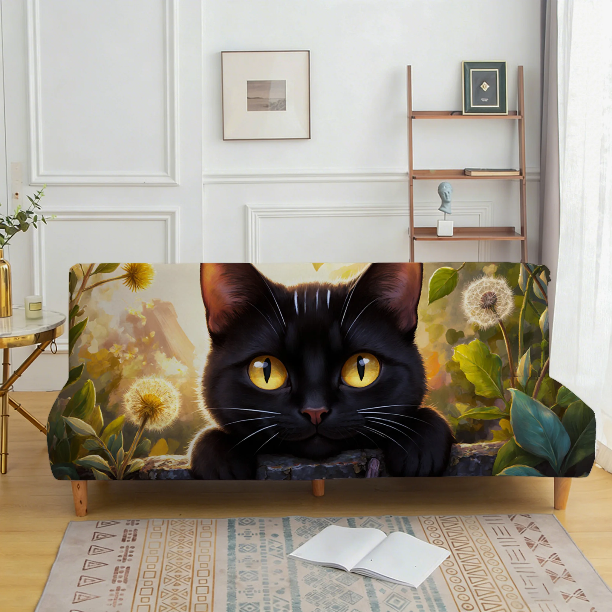 Dandelion black cat sofa cover, armless elastic sofa cover, dust-proof and non-slip furniture protective cover