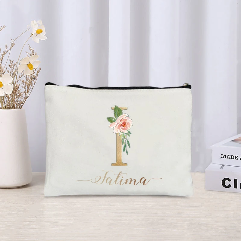 Luxo Custom Name Makeup Bag Bolsa de batom Organizador cosmético de lona Presente personalizado para ela, vaso sanitário, estojo de lápis, mulheres