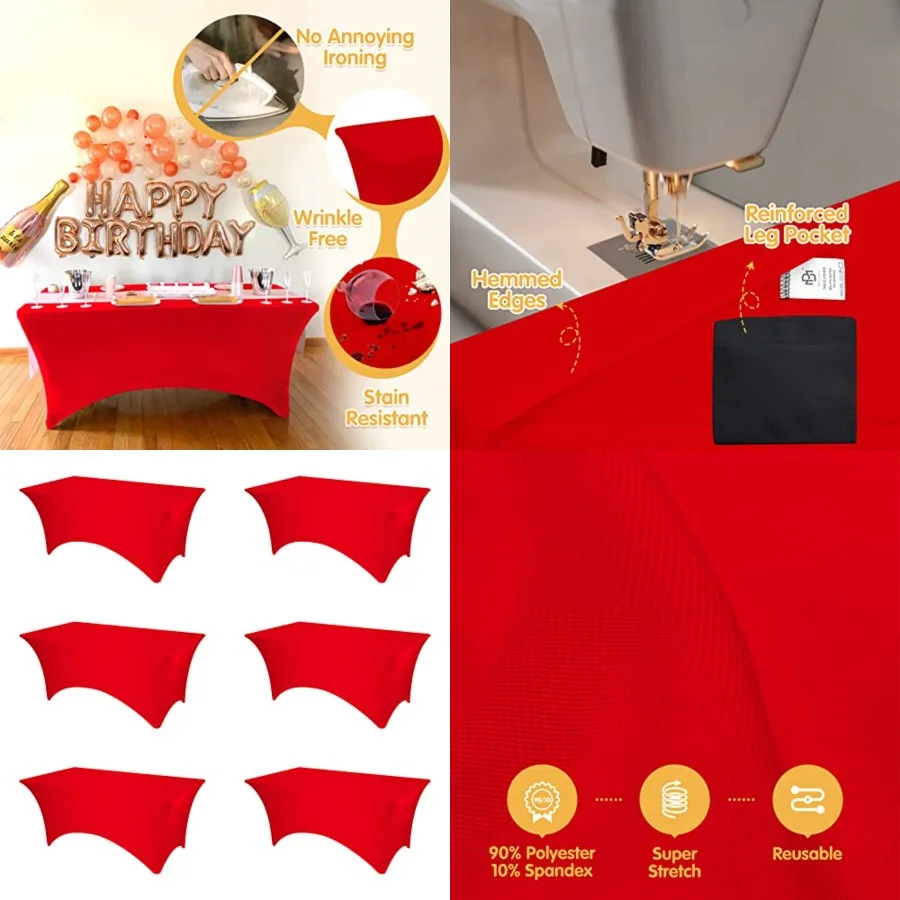 

6 Pack Spandex Table Covers for 6 Feet Rectangle Tables - 180 GSM Thick Stretch Tablecloth Fitted, Reinforced Feet Pockets, Wri