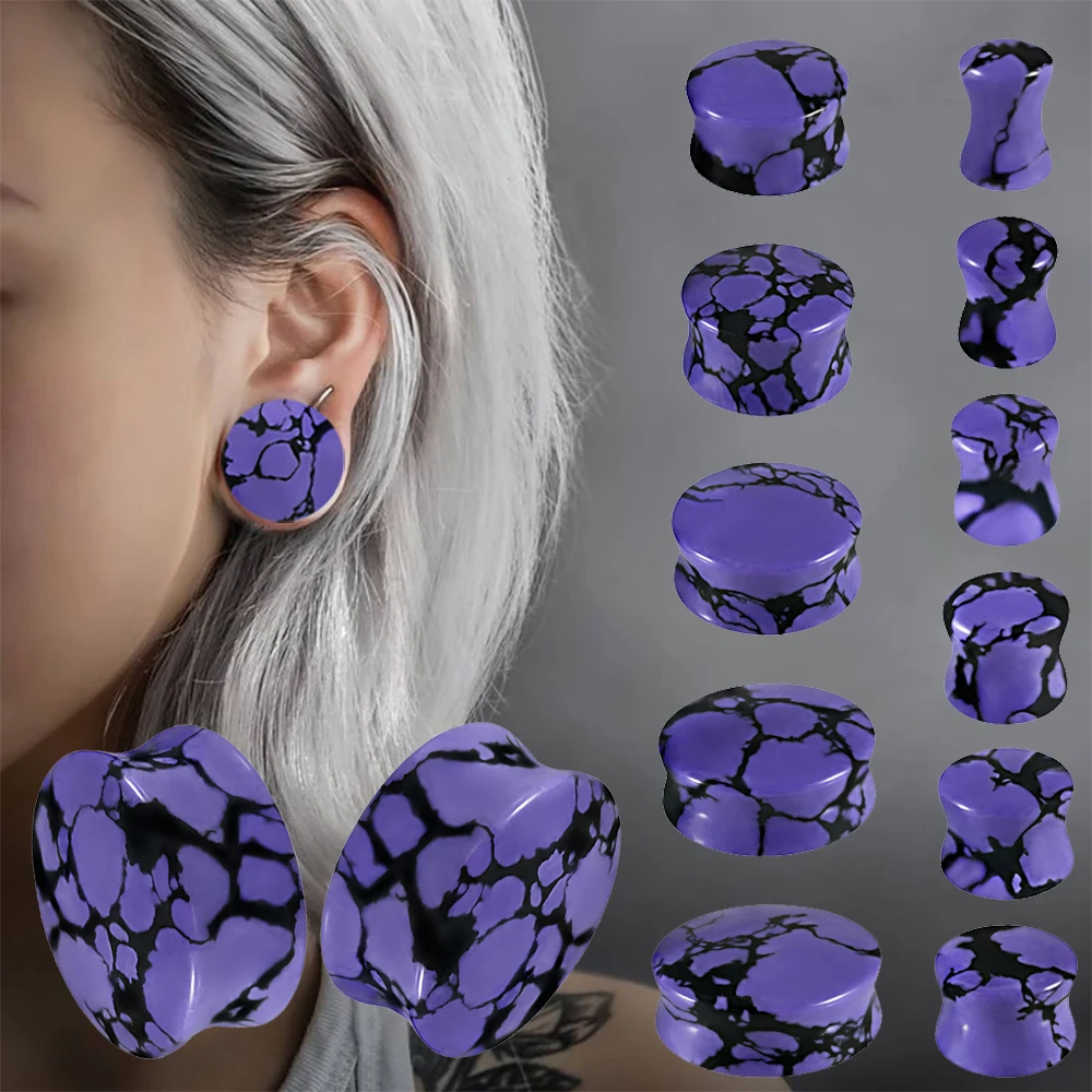 1–2 Stück schwarze Linie, lila Stein, Ohrstöpsel und Tunnel, türkisfarben, solide Taille, Trommel, Ohrgewicht, verstärkte Gauge, Piercing-Ohrring, 6–30 mm