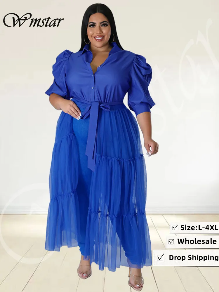 Wmstar Plus Size Jurken Sexy Mesh Patchwork Bladerdeeg Mouw Club Outfit Elegant Bandage Lange Nieuwe Maxi Jurk Groothandel Dropshipping