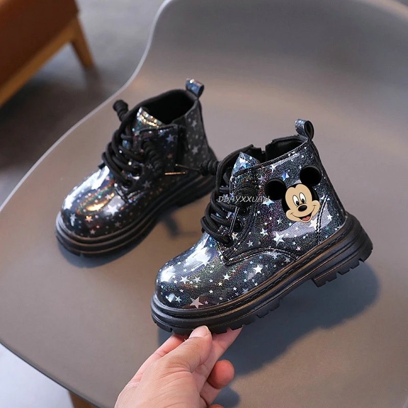 Mickey Minnie Girls Kids Ankle Boots For Boys Children Soft Sole Boots Non-slip Outdoor Shoes Fashion Toddler Kids Short Boot