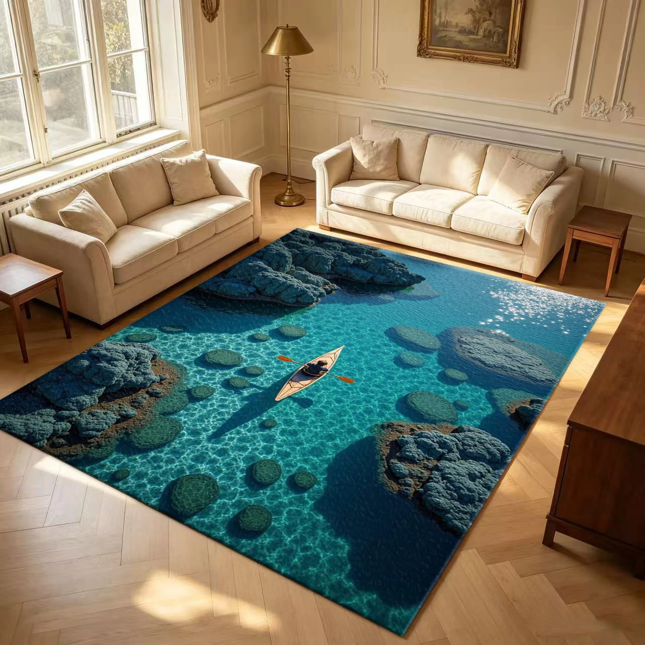 Kayak Crystal Clear Sea Coastal Landscape carpet flooring Ocean Nature View Floor Rug