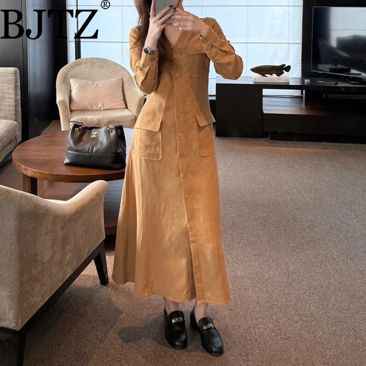 BJTZ V คอวินเทจความยาวกลางเสื้อผ้าลินินสำหรับผู้หญิง 2025 ฤดูใบไม้ผลิฤดูร้อนใหม่สง่างามสบายๆแขนยาวหญิงชุด