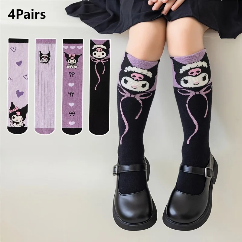 

4 Pairs Anime Sanrio Kuromi Pattern Girl's Over The Calf Stocking Crew Socks, Breathable Comfy Casual Cartoon Socks