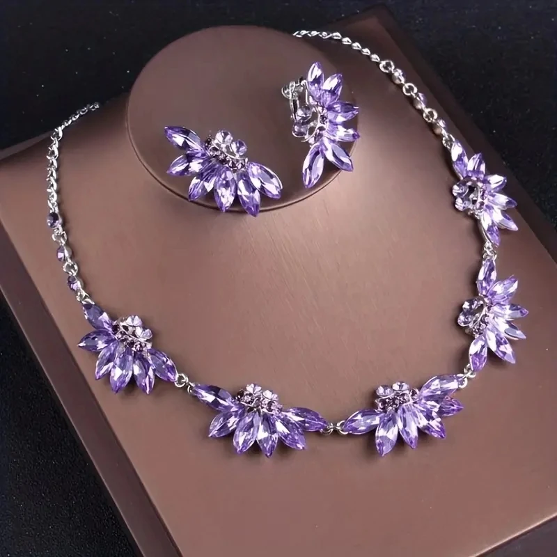 Luxury Elegant Purple Crystal Bridal Accessories Perfect Birthday Gift Shooting Performance Festival Fashion Crown Necklace Set