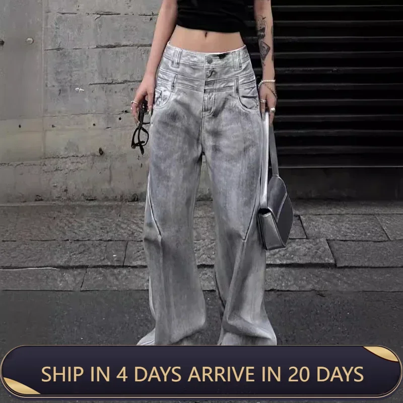 

US Oversize Water Washed Rubbing Color Technique Denim Pants Women High Street Straight Wide Leg Loose Flared Long Trousers