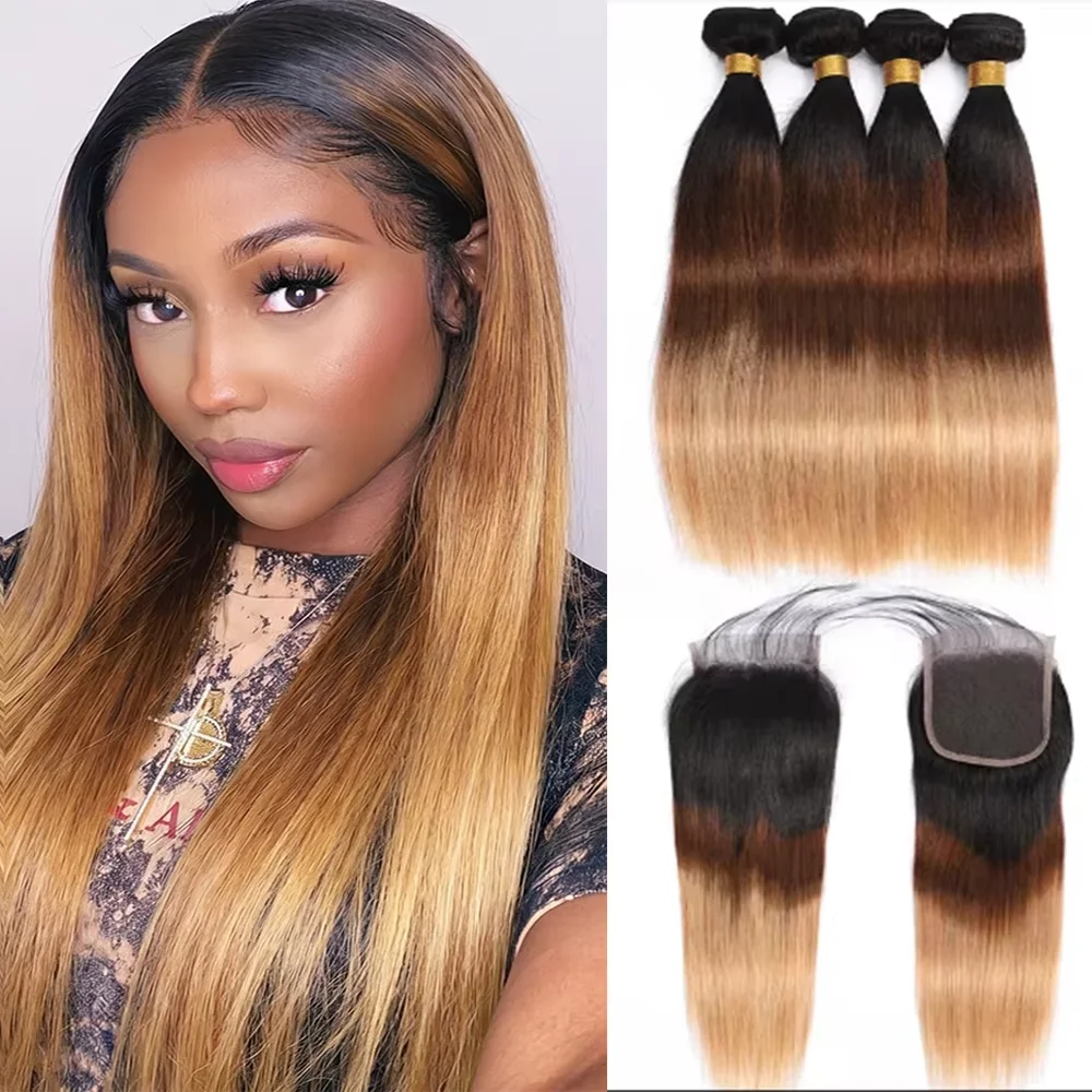 Brazilian Virgin Straight Human Hair Ombre 3 Tone Ombre 1b/4/27 Human Hair 4x4 Lace Closure Brazilian Virgin Remy Hair