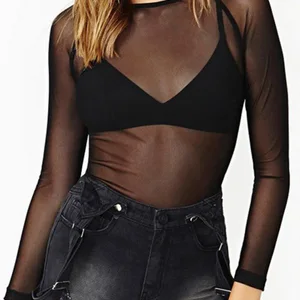 Gecelik şeffaf ağ uzun kollu kadınsı bluz siyah seksi gömlek, punk rock kulübü, plaj için bir tişört, ilkbahar yaz En iyi 10 giyim ve şeffaflık satışı-no. 1