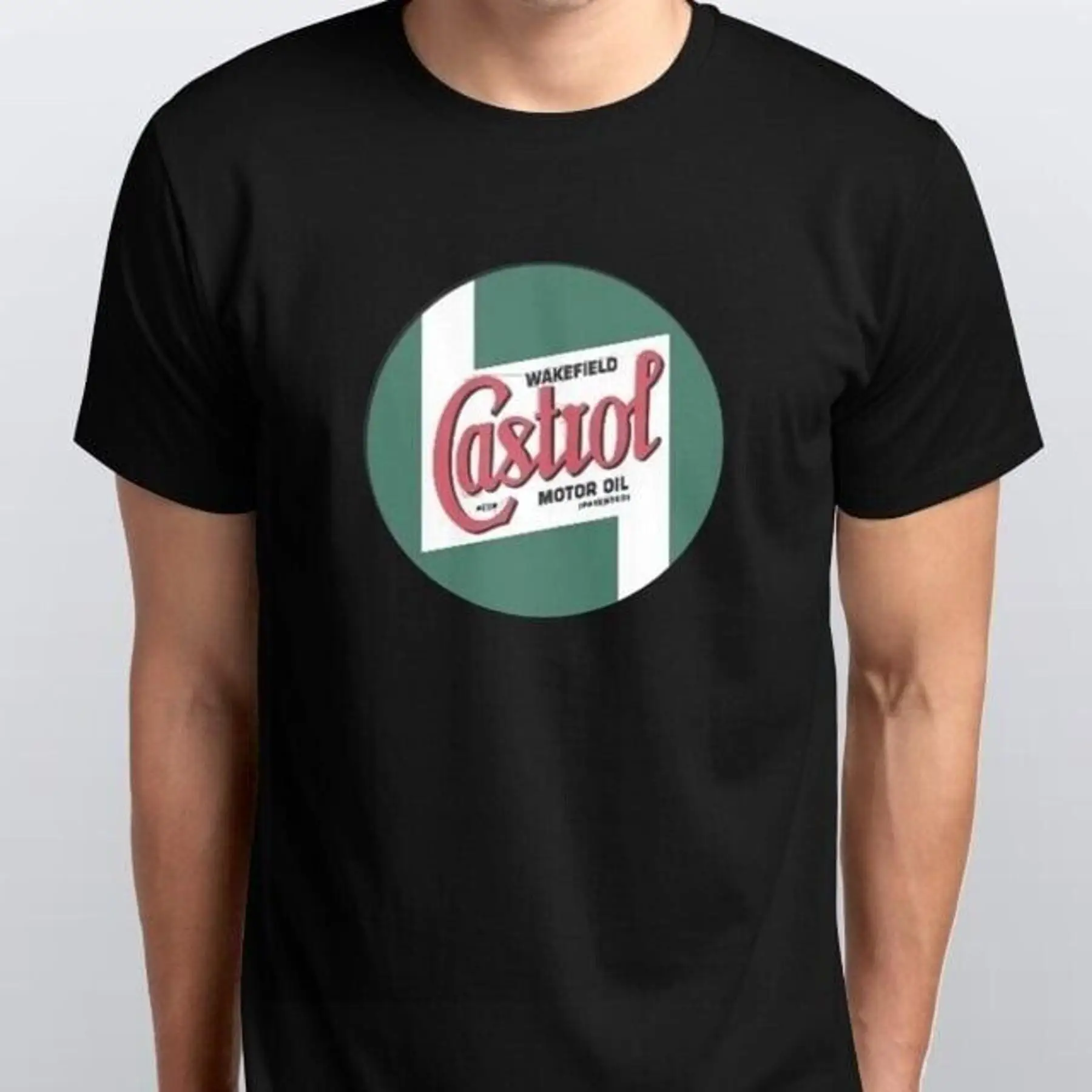 

Castrol oil Retro Round Style Printed T Shirt Black white all sizes