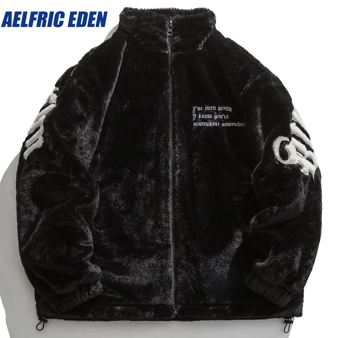 Aelfric Eden Hip Hop Winter Faux Fur Fleece Jacket Parka Men Embroidery Letter Thicken Warm Padded Fluffy Plush Coats Streetwear