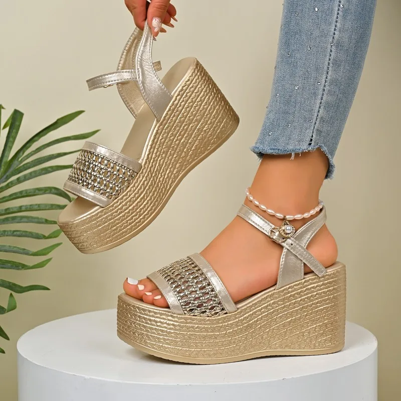 Super High-heeled Fashion Sandals 2026 Summer New Open-toe Platform Temperament Wedge Straight Strap Women's Shoes