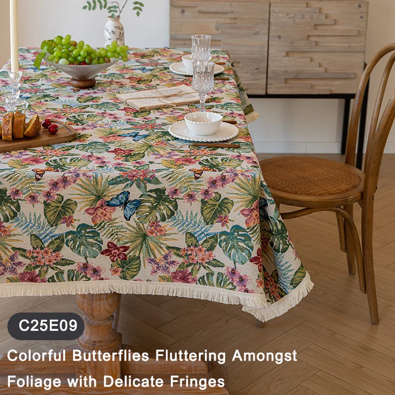 

American & European Style Tablecloth – Large Floral Cotton Linen Table Cover with Fringe , Rustic Vintage Oil Painting Print