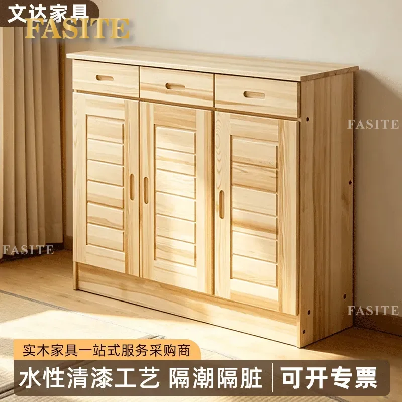 For Small Apartment Solid Wood Three Door Shoe Cabinet Multi Layer Household Storage Locker Porch Entryway Rack Simple Design