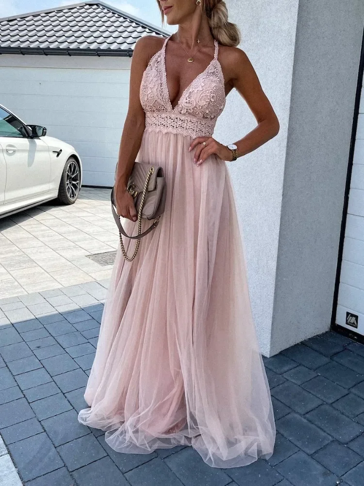 Women's Spring/Summer Solid Color V-neck Dress Casual Versatile Mesh Dress Holiday Style Lace Split Sling Fashion Long Dress