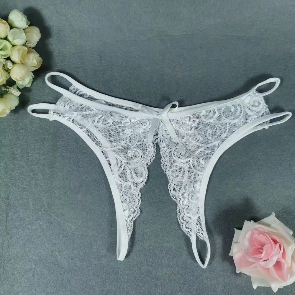 Calcinha sexy de renda para mulheres, roupa interior crotchless, tangas florais bordadas, lingerie, fio dental, franja aberta pura, cuecas com cordão em T