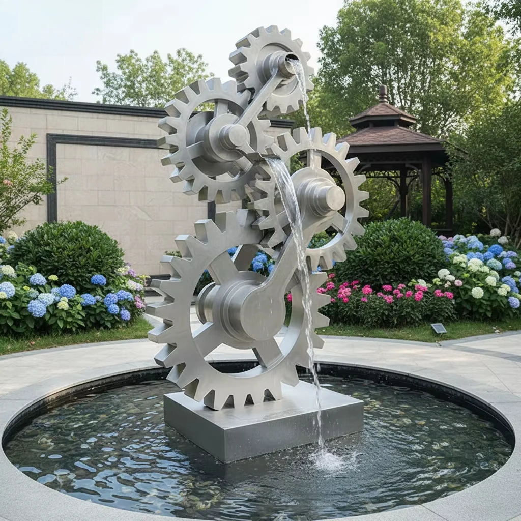 @#Modern Customizable Outdoor Fountain Decorative Mirror-Polished Abstract Gear Combination Stainless Steel Fountain Sculpture