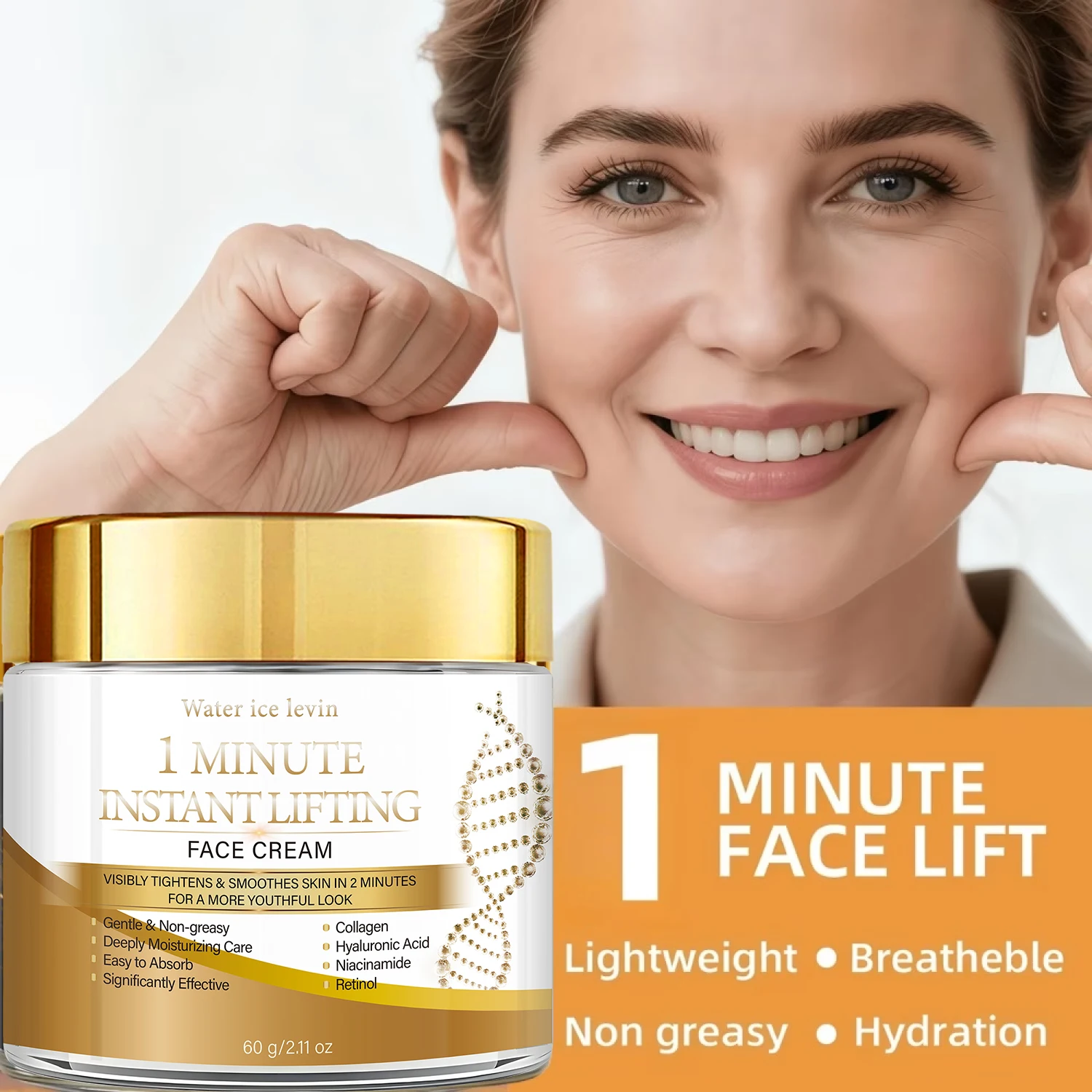 Water Ice Levin Crema facial lifting instantánea de 1 minuto, colágeno, ácido hialurónico, niacinamida, retinol, hidratante, reafirmante, antienvejecimiento