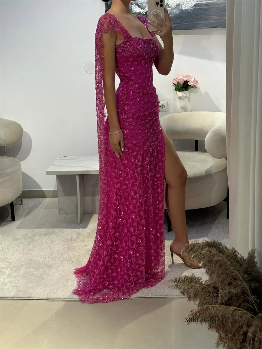 SUKUHANG Abiti da sera lunghi a sirena Abiti da ballo sexy con perline fucsia lunghi fino al pavimento personalizzati