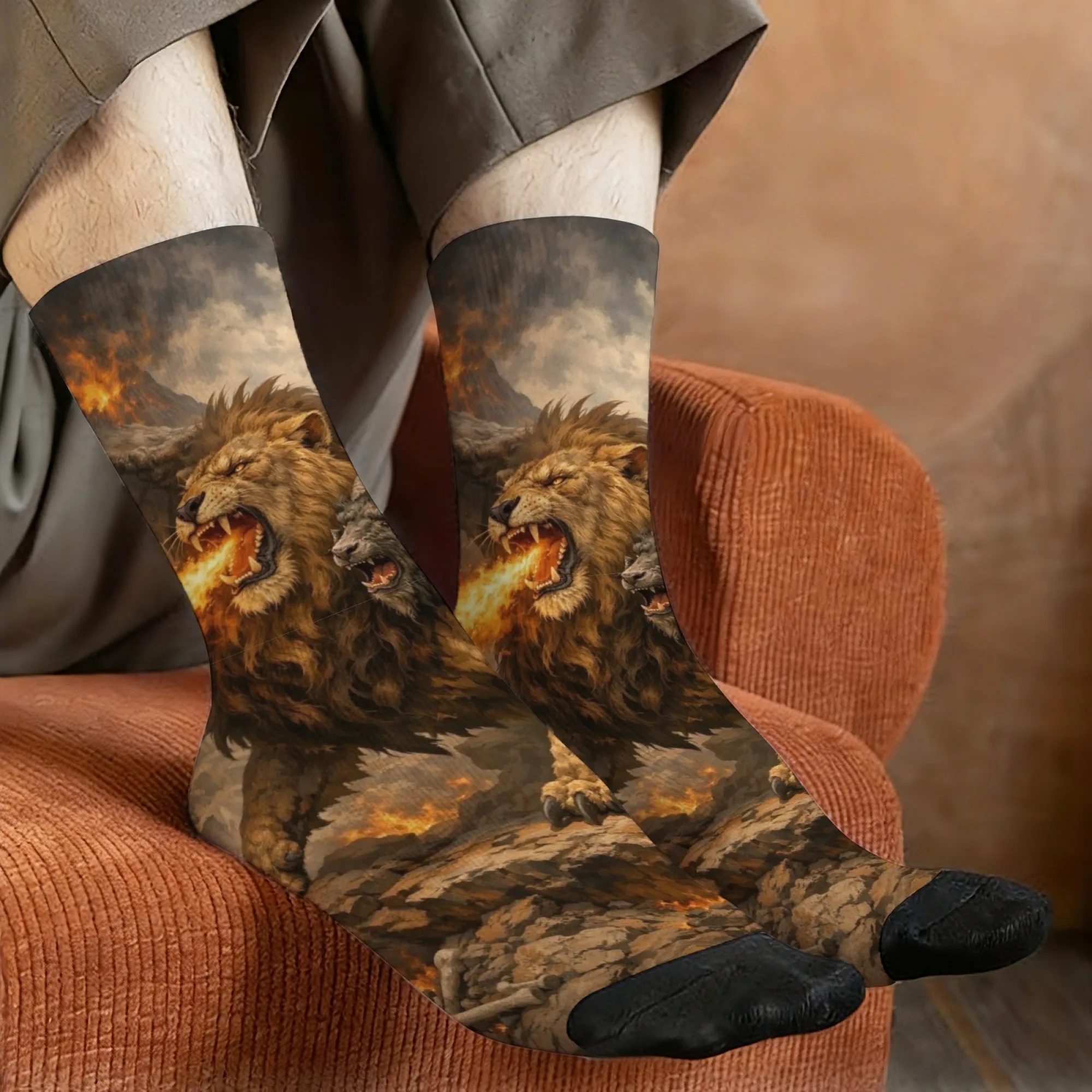 

A pair of dark epic lion roar style men's socks, novel street mythology apocalypse print casual socks, a crazy party gift.
