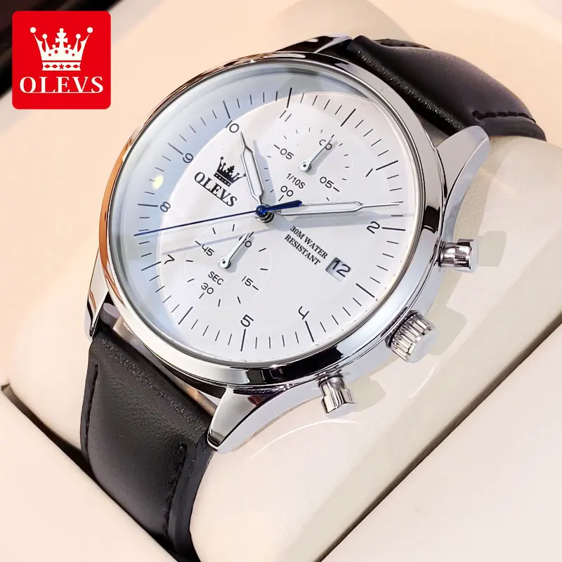 OLEVS 2880 Original Brand Business Men's Watch Leather Strap Waterproof Quartz Watch for Male Chronograph Wristwatch Date Clock