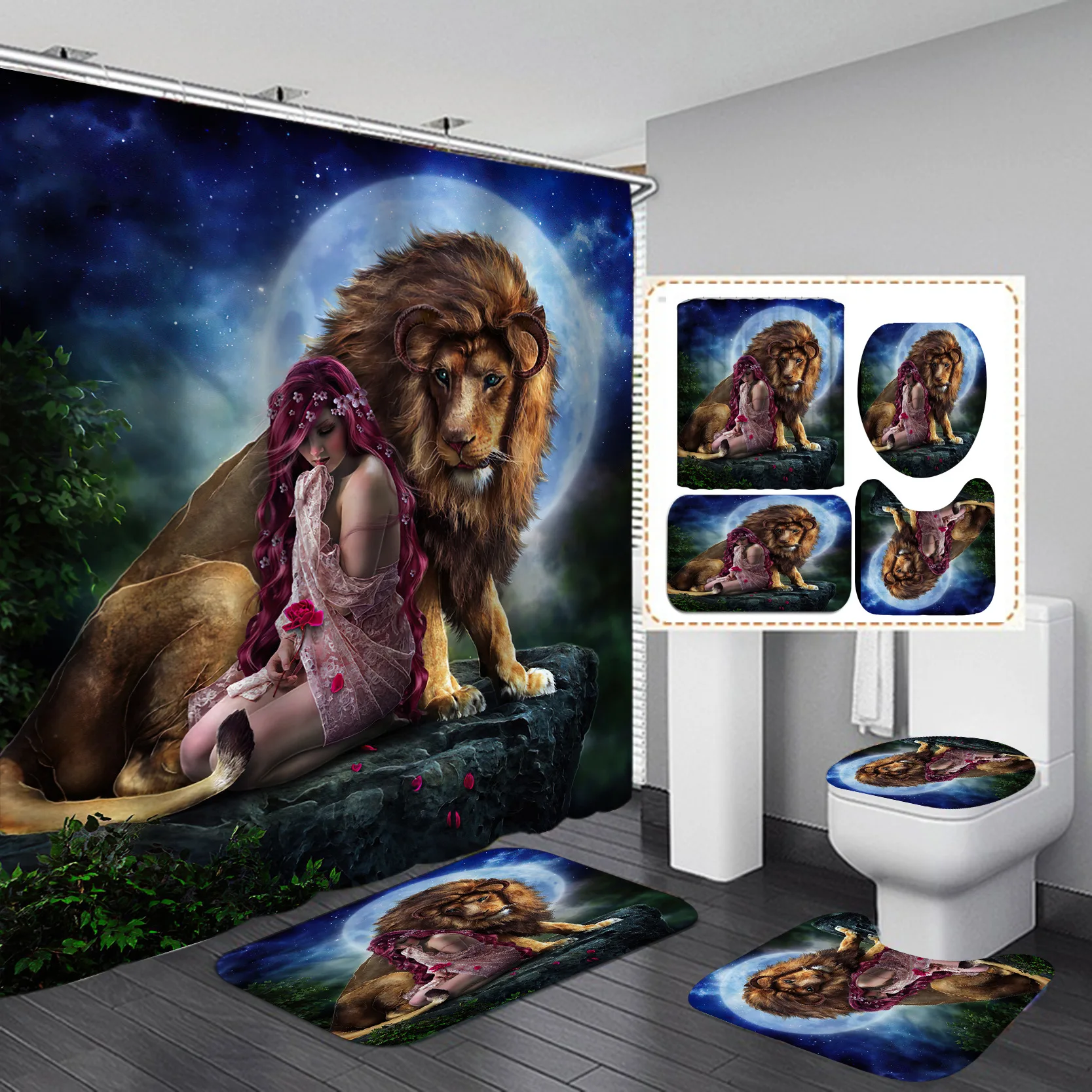 

Lion and Girl Shower Curtains for Bathroom Sets Forest Wild Animals Bath Curtain Mildew Resistant Anti-slip Carpet Toilet Cover