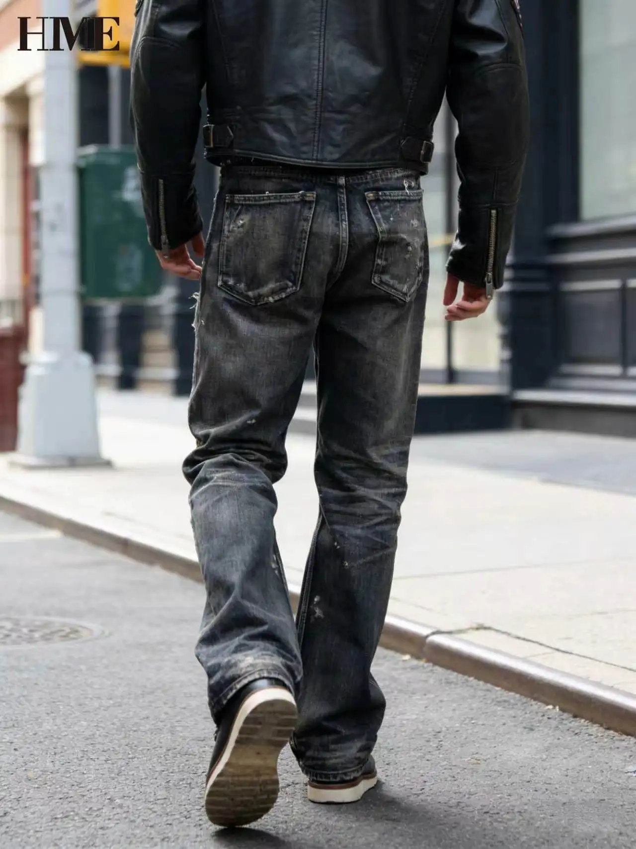 【HME】Men's Jeans | American Street Vintage Flare Denim Pants Men, Heavy-Processing Worn-Out Faded Denim Trousers, Multi-Area Frayed Rip Design, Classic Five-Pocket Silhouette Daily Outfit Men Pants