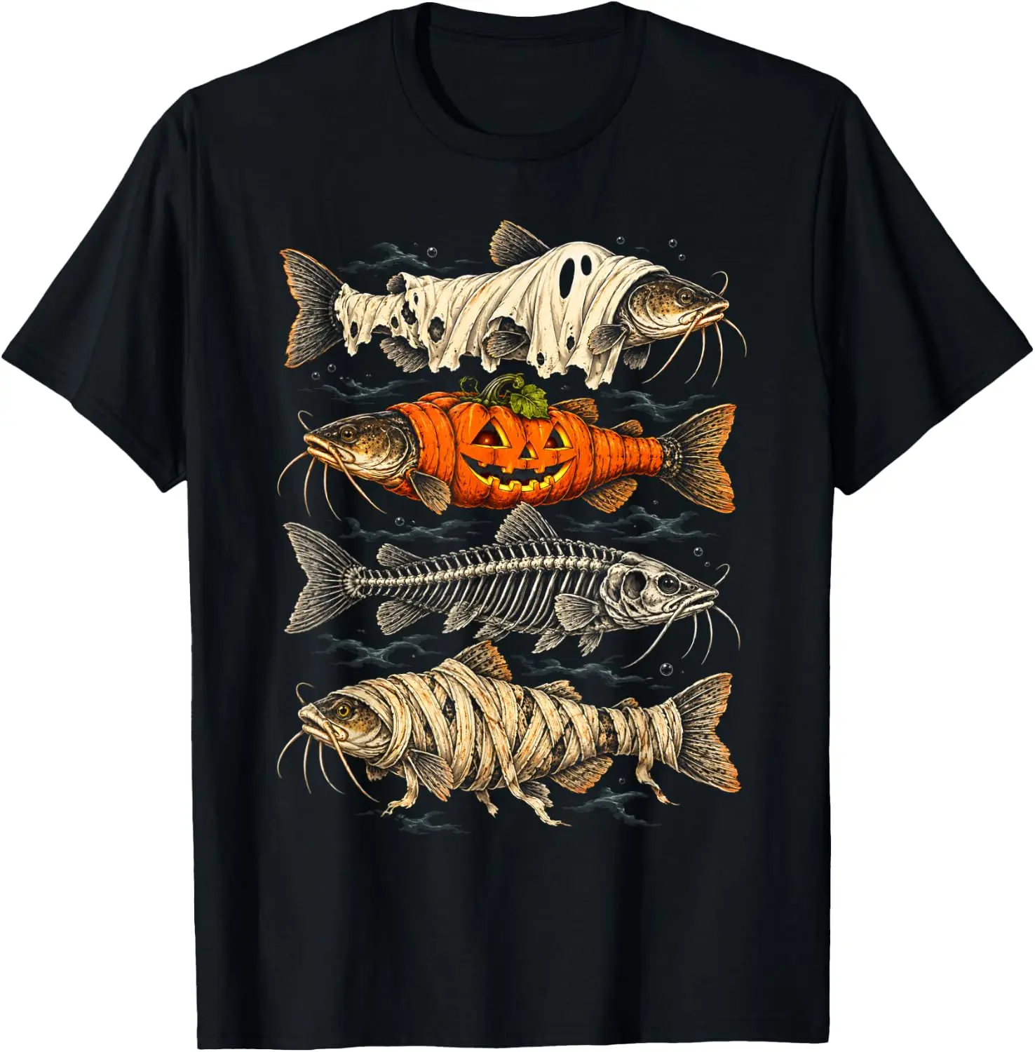 Halloween Catfish Ghost Pumpkin Skeleton Mummy Costume T-Shirt Unisex Unique Graphic Print T-Shirt Soft Cotton Casual Crew Neck Short Sleeve Tee For Men Women Daily Fashion Tops.Graphic Tee,Print T Shirt,Crew Neck,Short Sleeve.