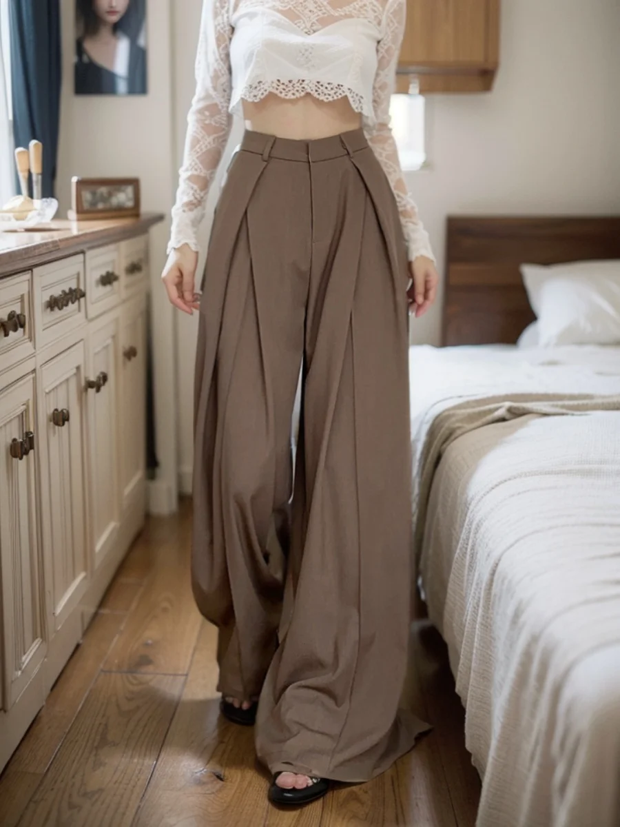 Black Wide Leg Pants, Loose Coffee Colored Suit Pants, Casual Pants, Women's Winter High Waisted Hanging Pants, Floor Length