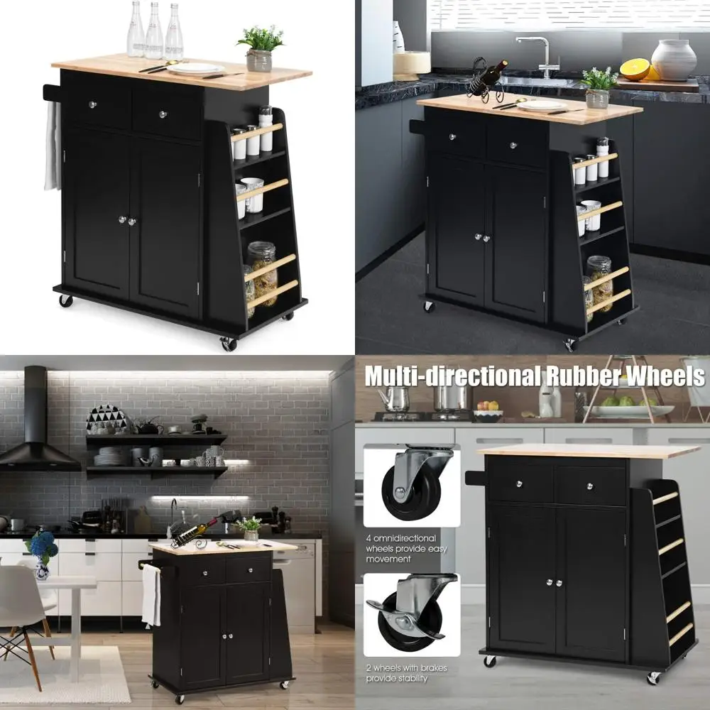 عربة جزيرة المطبخ المتدحرجة مع مساحة تخزين، وعربة خشبية تتميز بخزانة، وبار المناشف، وأدراج مزدوجة، ورف توابل جانبي، وعاء النبيذ #1