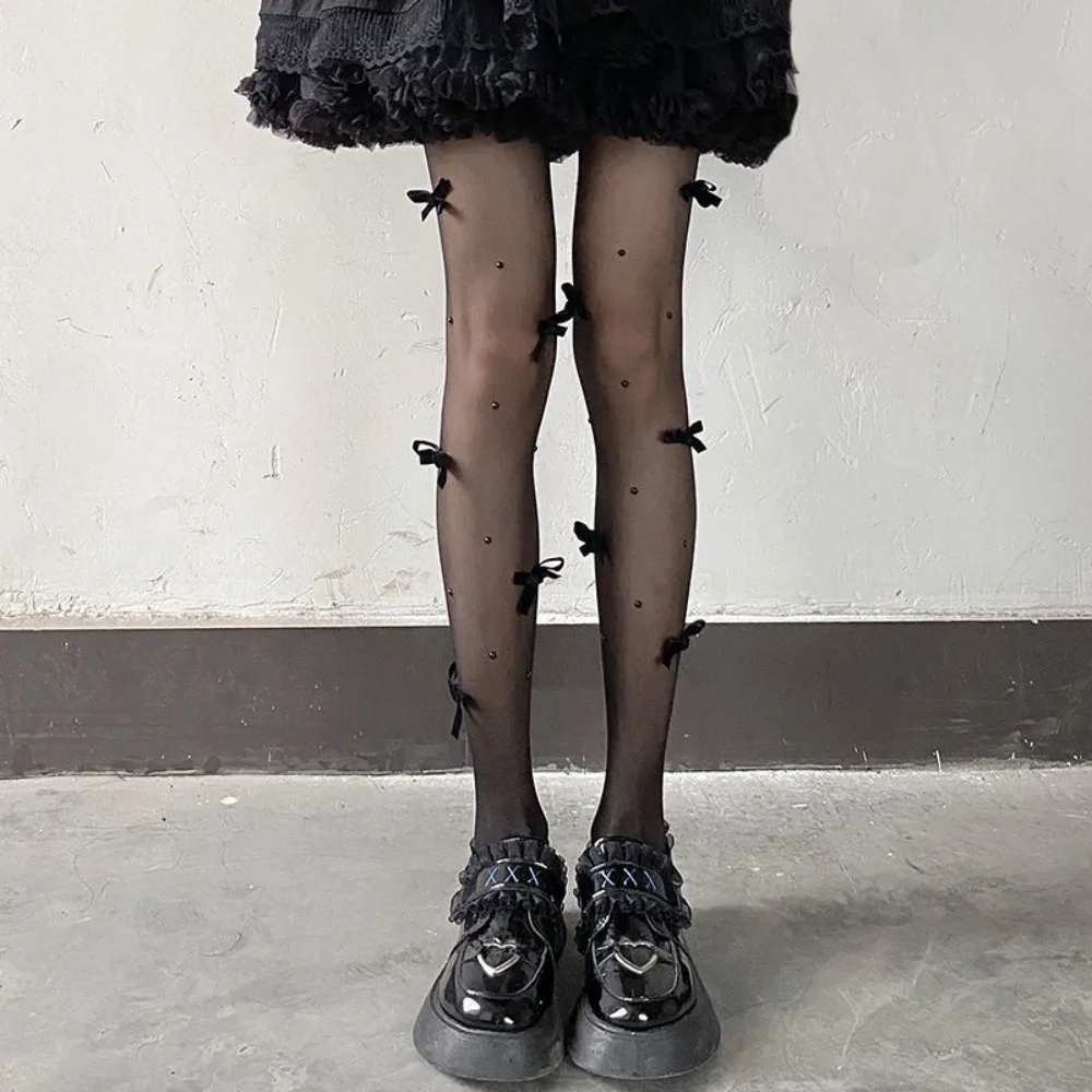 

Comfortable Mesh JK Lolita Pantyhose Ultra-Thin Breathable Bowknot Pearl Pantyhose Transparent Sweet Girls Stockings Ladies