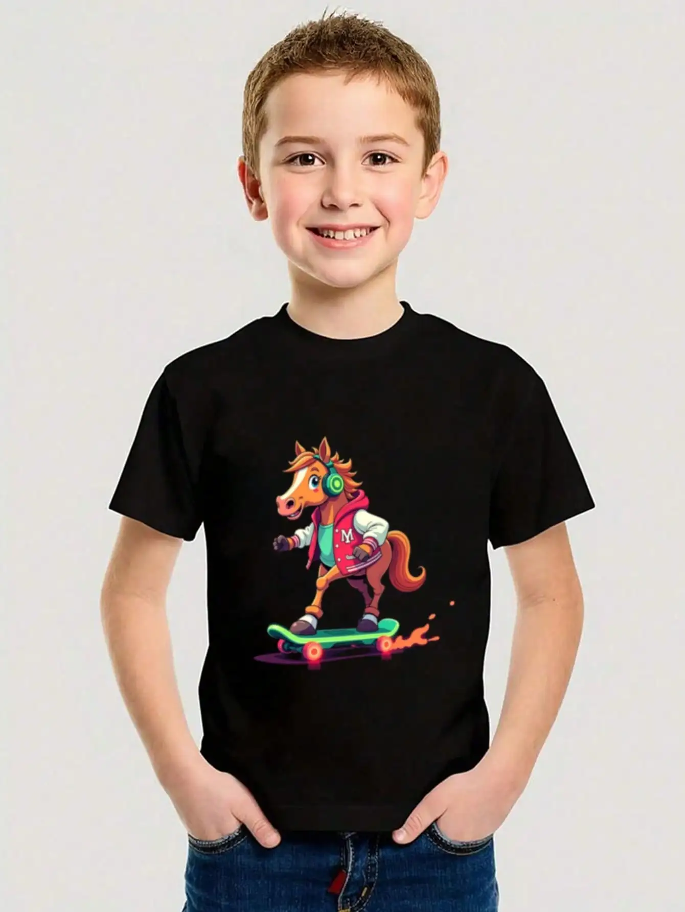 

Boys/Girls Summer Retro Skateboarding Animal Cotton Graphic Tees, Black Summer Tops With Horse And Skateboard Design