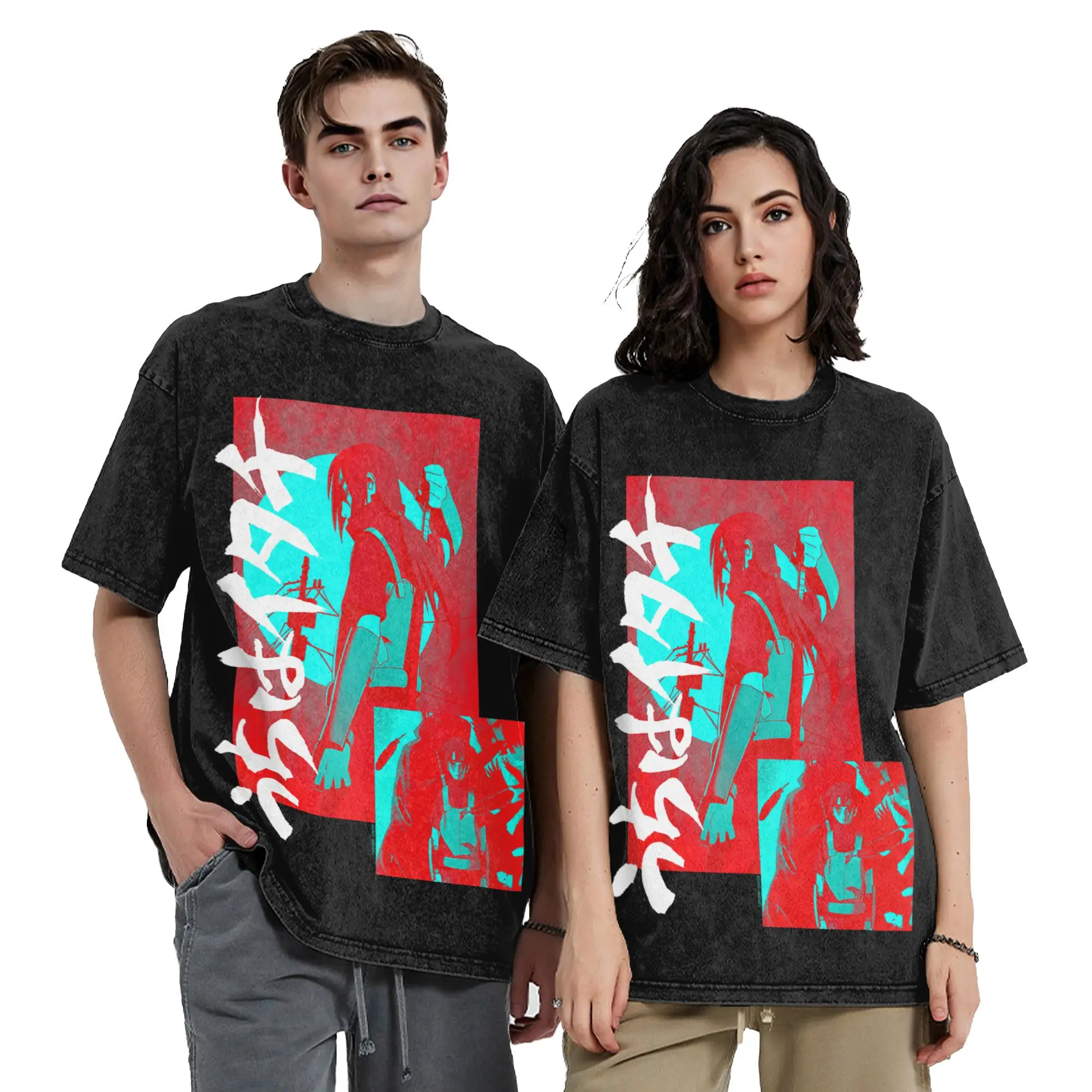 Washed T Shirts Shippuden Itachi Kanji Collage Narutoes Anime T-Shirts Street Streetwear Summer Tops Tee Shirt for Men Women