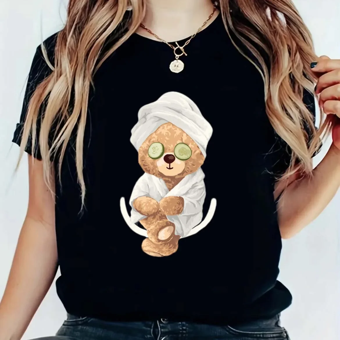 

Women's Teddy Bear Pattern aT-Shirt Clothing Womens Fashionable Style Women's New Cute Casual Short Sleeved Printed Black T-Shir