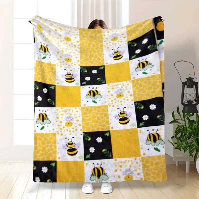 Cozy Reversible Bee Print Flannel Throw Blanket All-Season Soft Bed, Camping Gift for Women Durable Easy Care, Bee-Th Blanke