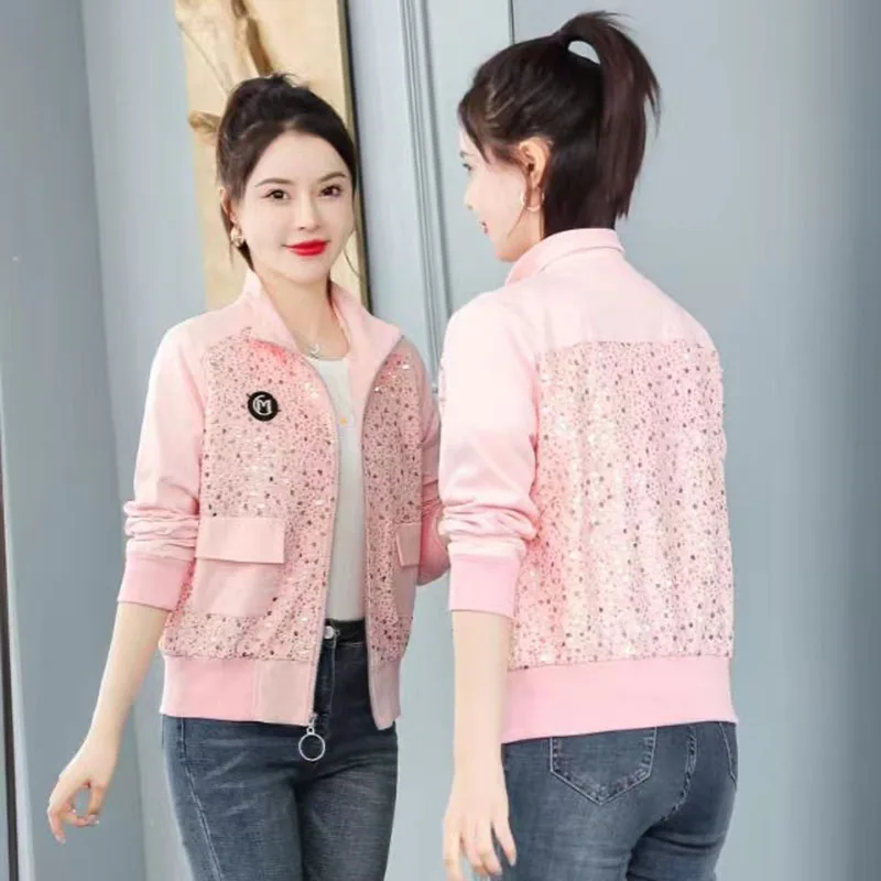 

2024 Spring Small Fragrance Short Coat Women Red Chic Trendy Fashion Korean Loose High-end Splicing Sequin Jacket Female Top