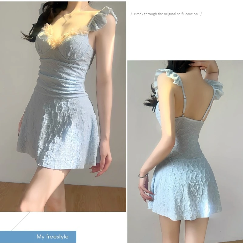 Korean Sexy One-piece Swimsuit Dress Kawaii Flutter Sleeves Backless Women's Swimwear with Built-in Bra and Shorts Bathing Suit
