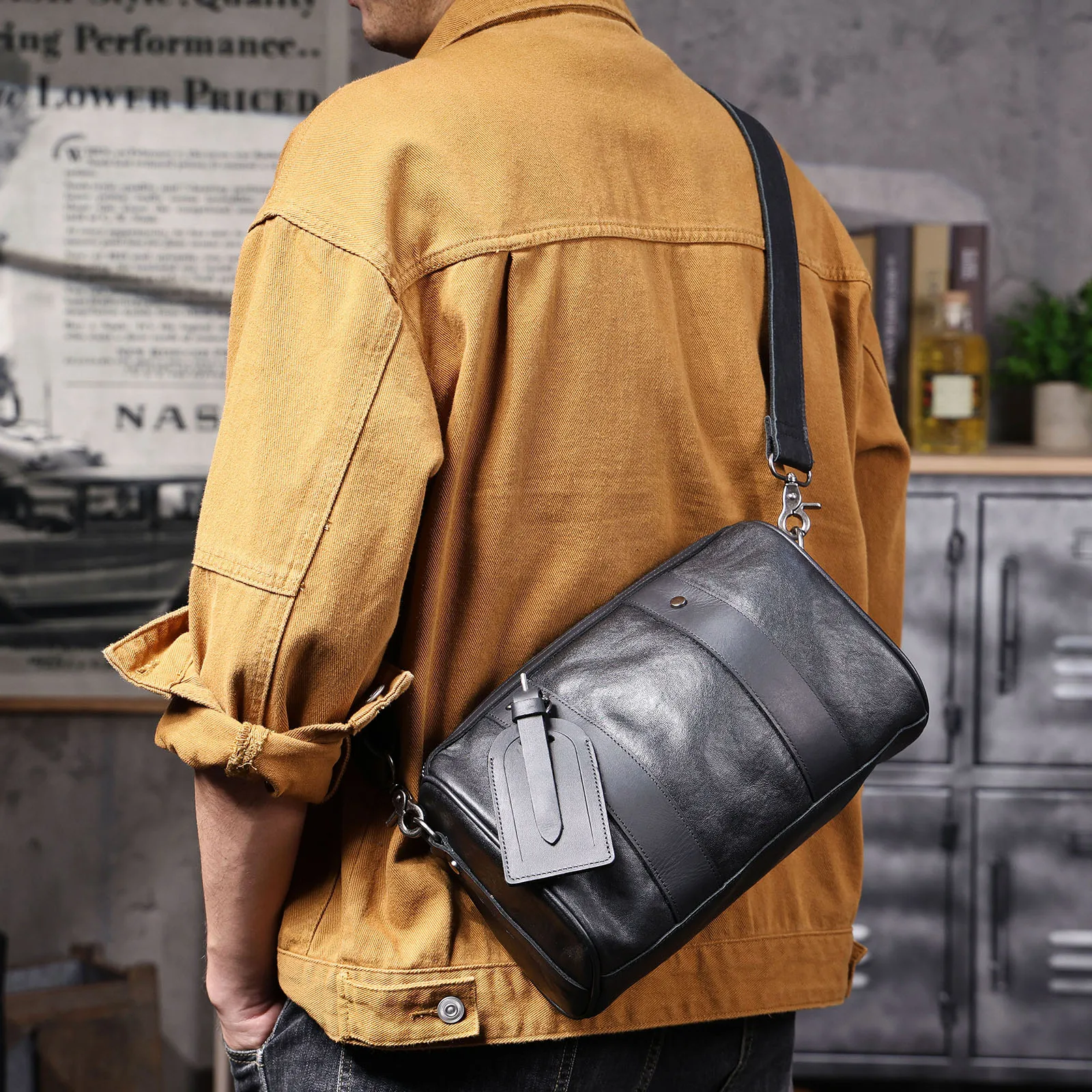 Echte Leder-Umhängetasche für Herren, einfache Rindsledertasche, hochwertiges, pflanzlich gegerbtes Leder, modischer Casual-Stil. – Detail 4
