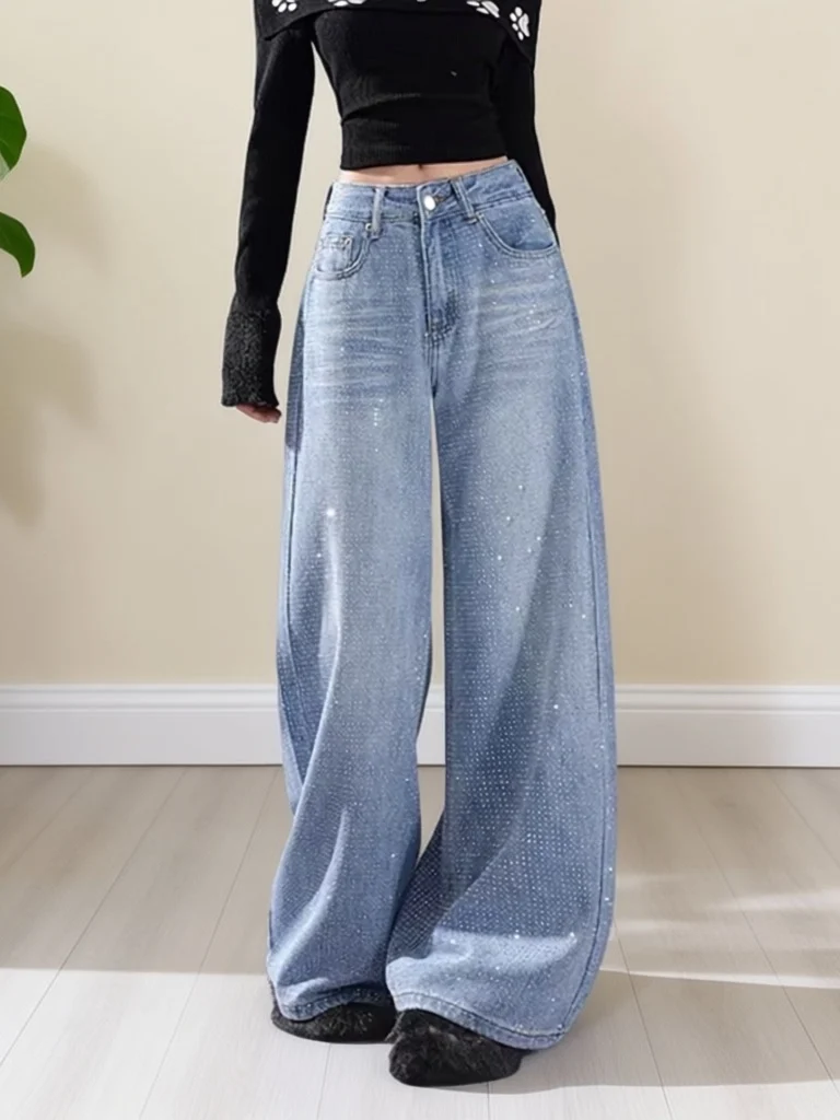 

Весенние женские джинсы с высокой талией и широкими штанинами, повседневные, с декором из страз, прямого кроя, свободные, длинные брюки, модный тренд