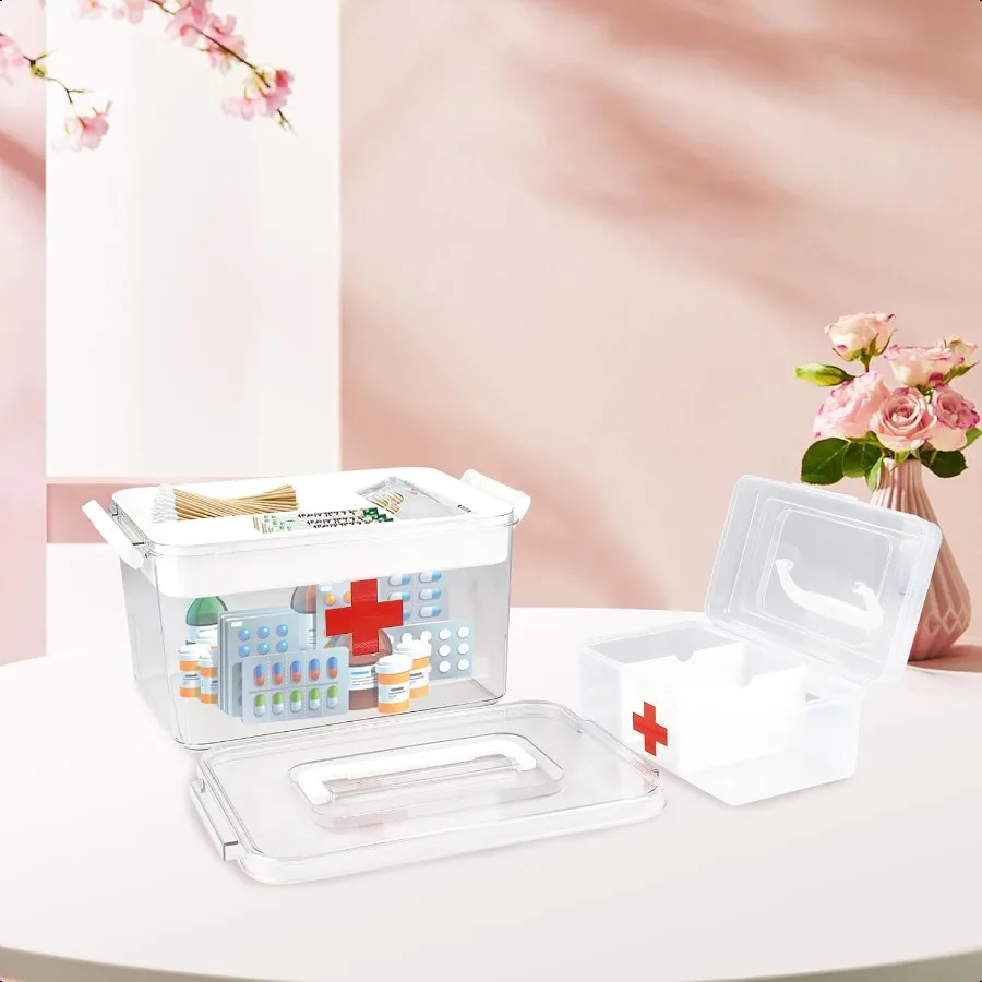 Home First Aid Box and Travel Medicine Storage Box Plastic Medicine Kit Case Container Empty Medical Box with Lock Lid Handle E