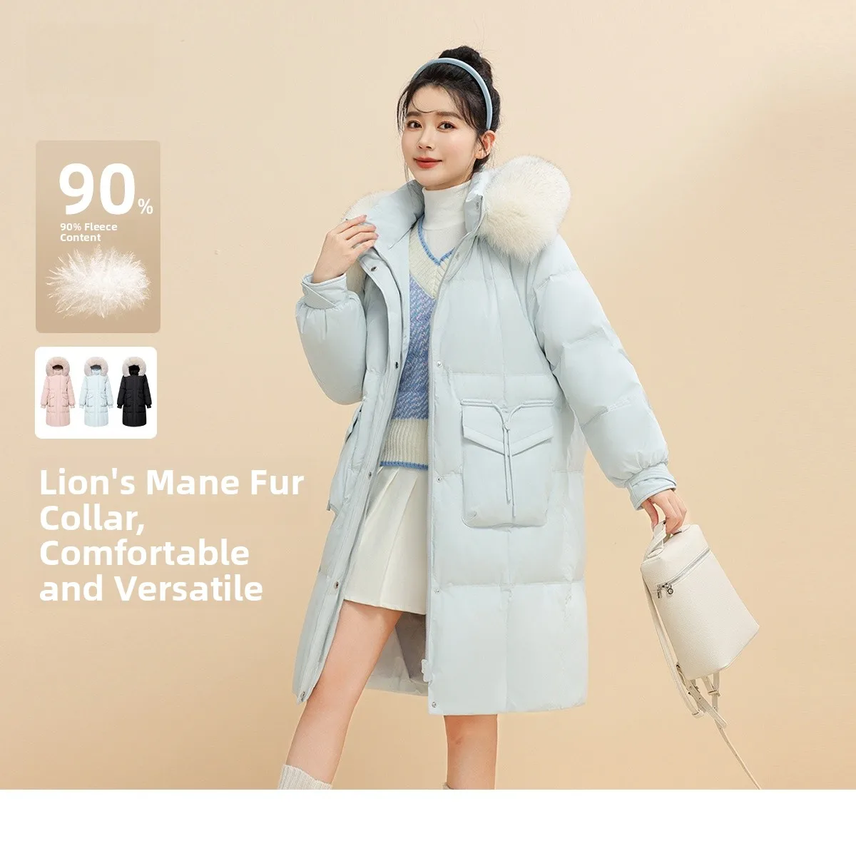 

Sweet Style Long Sleeve Hooded down Jacket Women's Fur Collar Fashionable Casual Polyester Fiber Snow Flying 2024 Winter