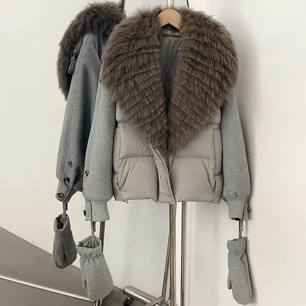 OFTBUY Kurze Echtfell-Daunenjacke mit Abnehmbaren Handschuhen für Damen, Weiße Entendaunenjacke, Neue Winter-Naturpelzbekleidung für Frauen – Detail 11