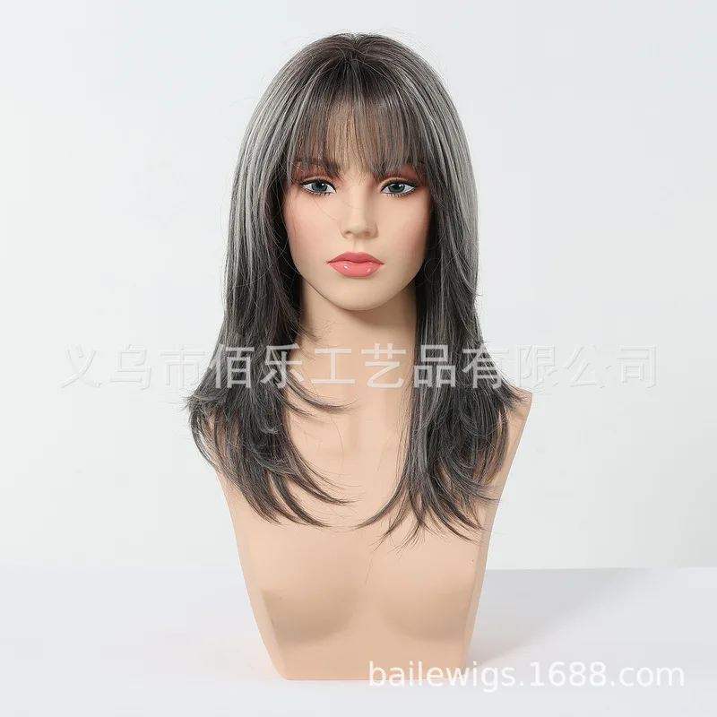 Gray highlights wig with bangs, natural curly hair, full head synthetic wig for women
