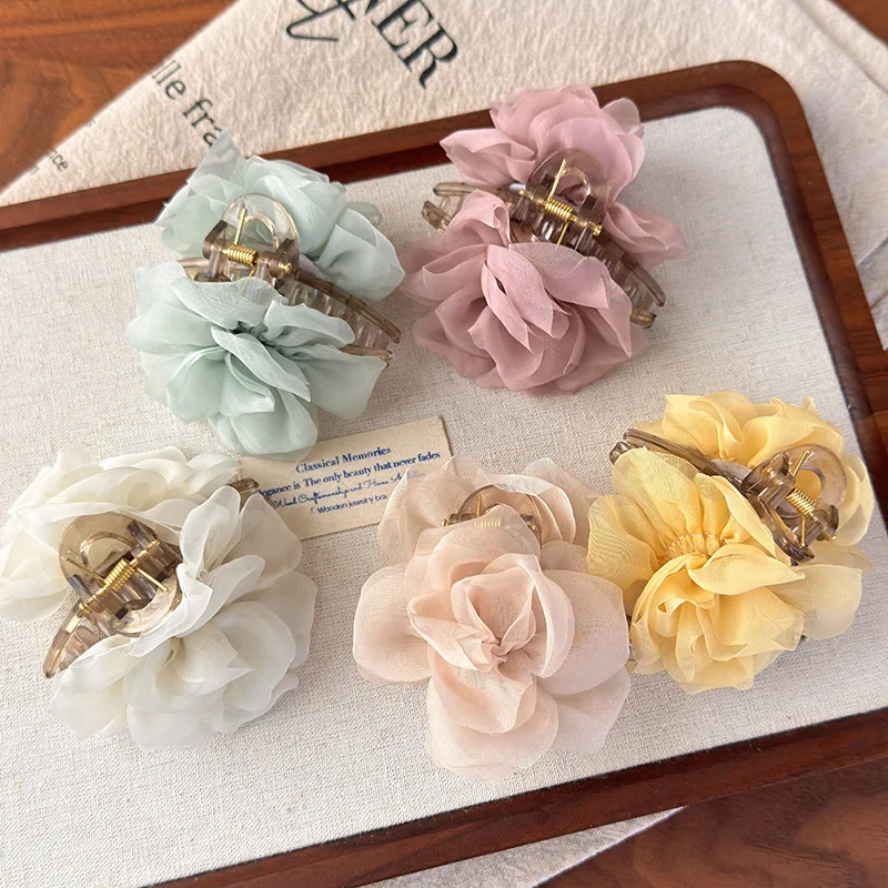 Ethereal Tulle Camellia Flower Hair Clip with Shark-Tooth Clasp: Beachy Vacation-Style Hair Accessory for Half-Up Hairstyles