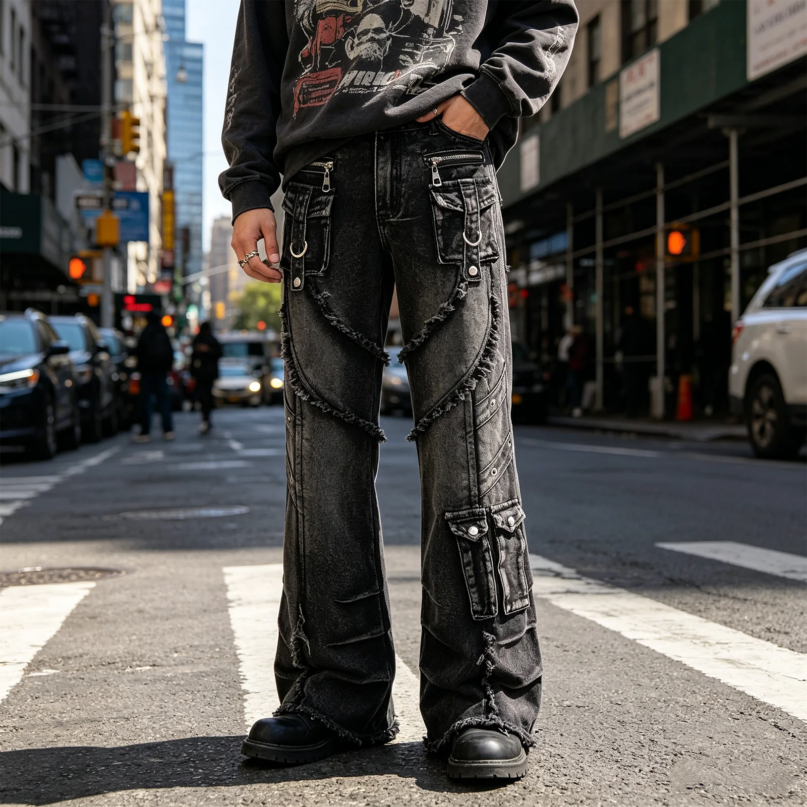 

Мужские джинсы-карго с эффектом потертости, расклешенные, винтажные, с рваными краями, облегающие, из денима, в стиле Y2K, черные, расклешенные, 2026